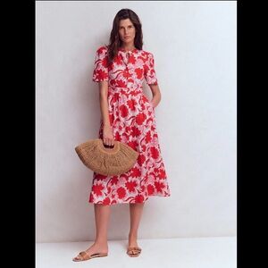 NWT BODEN Ivy Linen Midi Dress in Red Shadow Blossom